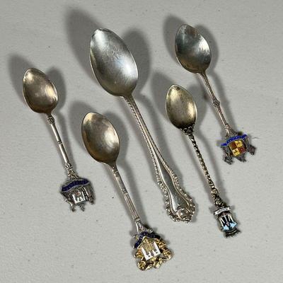 (5PC) SILVER SPOONS | Including five souvenir spoons plus a Dominick & Haff teaspoon; all together 2.5 ounces. 