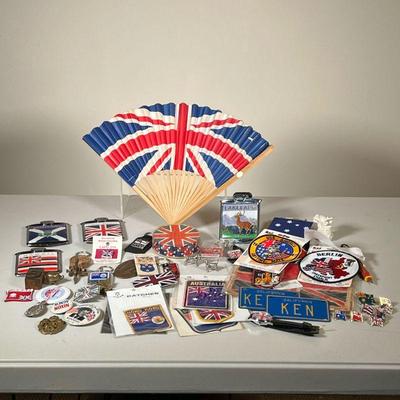 LARGE ASSORTMENT OF ENGLISH MEMORABILIA | Includes: tin tray painted as a Union Jack, flags & tea towels, keychains, playing cards, car...