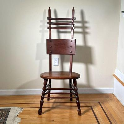 HIGH BACK WOODEN CHAIR | Unusual chair with spindle front legs with wide seat - l. 15 x w. 19 x h. 49 in 
