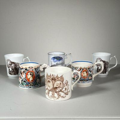 (6PC) CORONATIONWARE & OTHER MUGS | English royalty themed mugs and cups - h. 4 in (tallest) 