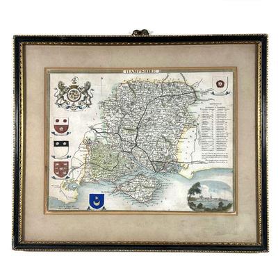 HAMPSHIRE | hand-colored map of Hampshire, England, with heraldry devices. Featuring Southampton, Southwick, Winchester, and Portsmouth;...