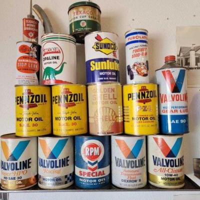 #242 â€¢ Texaco, Valvoline, Pennzoil, Sinclair Motor Oil Cans with Shelf