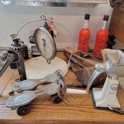 #1506 â€¢ Antique Meat Grinder, Roller Skates, Scale and More with End Table