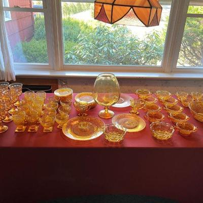 Amber glassware featuring Indiana Glass