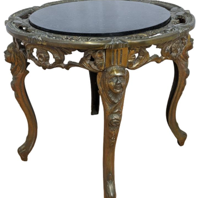 Antique Continental Rococo Style Figural Cast Iron, Granite and Brass Round Occasional Table