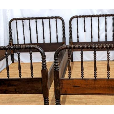 Pair Antique Jenny Lind Twin Walnut Spindle Beds - Original Rails