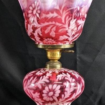 Fenton Fern Opalescent Cranberry Glass Hurricane Lamp