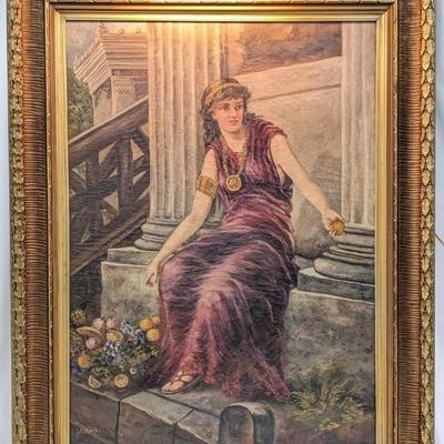 C.E. York: Signed Fruit Vendor Oil Painting in Lighted Frame - 4 Ft Tall!