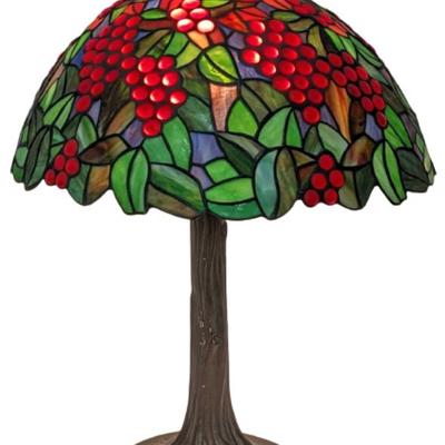 Tiffany Style Table Lamp with Red Grapes, Tree Trunk 