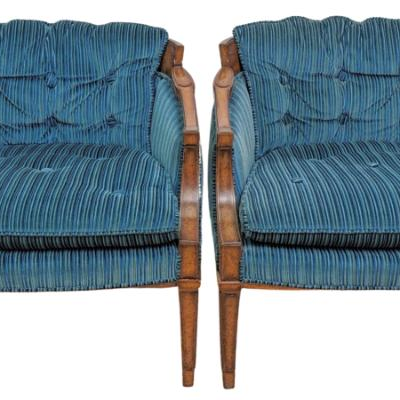 Pair Original Vintage Oxford Ltd. of Chicago Blue Striped Barrel Lounge Chairs w/ Carved Walnut Frames 