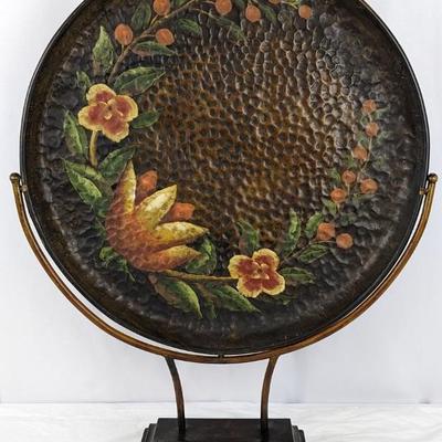 Mounted Round, Serving Tray - Hand-Painted, Hammered Metal