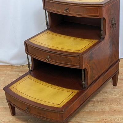 Victorian Three-Tiered Mahogany Bed Steps with Tooled Yellow Leather 