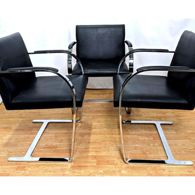 MCM Knoll Mies van der Rohe BRNO Flat Bar Chrome and Black Leather Chairs
