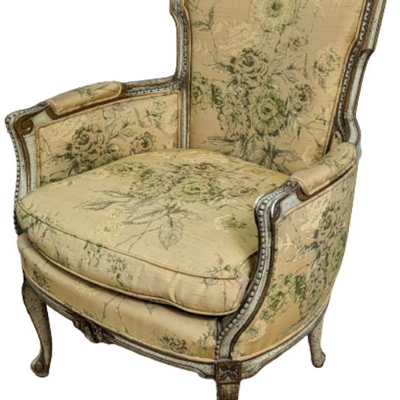 Vintage Louis XVI Style Bergere Armchair - Floral on Gold Gilded Wood Frame 