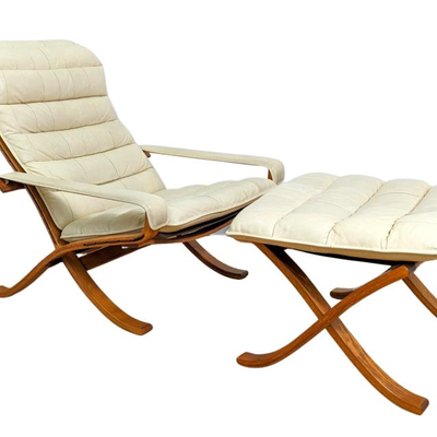 Norwegian Large Vintage Ingmar Relling for Westnofa Birch Bentwood & Leather Siesta Lounge Chair with Ottoman- Folding 