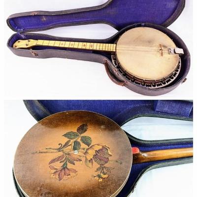 Antique Stromberg-Volsinet Tenor Banjo with Floral Decor, Hard Case