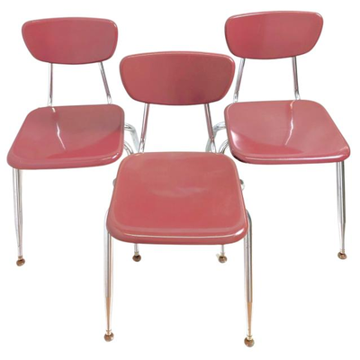 3 Vintage Virco 3000-Series Stackable Plastic and Chrome Chairs - Wine / Plum Color