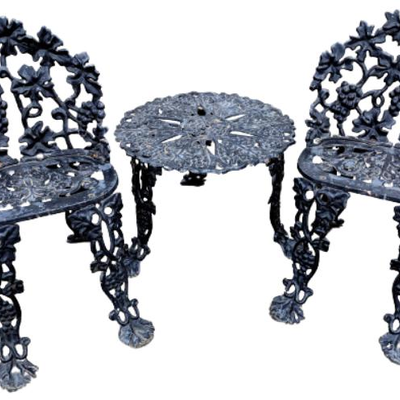 Vintage Black Cast Iron Patio Set Grape Vine Round Tripod Table & 2 Chairs
