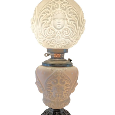 Antique Milk Glass Cherubs Electrified Converted Oil Lamp - GWTW Style Parlor Lamp
