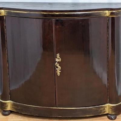 Lacquered Mahogany French Art Deco Curved Cabinet with Key & Gilt Accents 