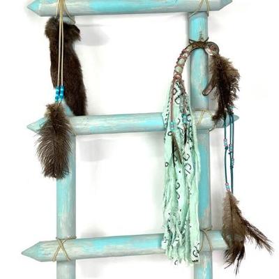 Pueblo Vintage Keva Log Ladder Painted Turquoise w/ Fur and Bead Accents- 4 Ft Tall
