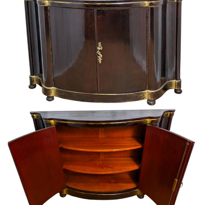 Lacquered Mahogany French Art Deco Curved Cabinet with Key & Gilt Accents 