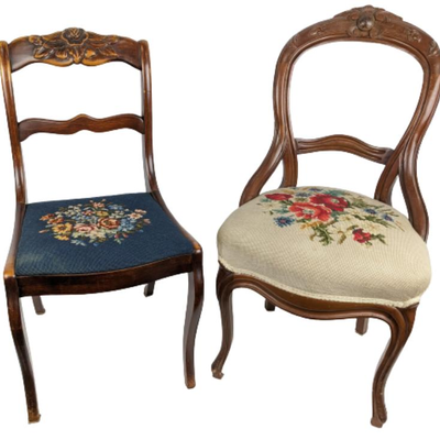 Two Vintage Wood Chairs with Floral Needlepoint Seats
