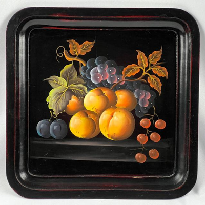Black Wooden Tray w/ Hand Painted Oil Still Life of Colorful Fruit