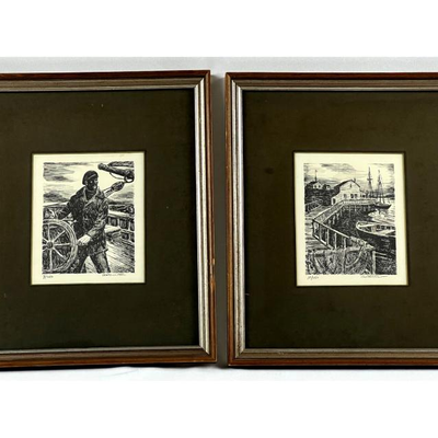 A Pair of Framed Original Signed Nautical Lithographs by Rafael Astarita