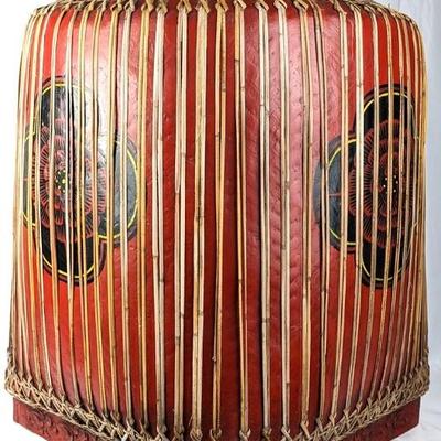 Large Circa 1920's Lacquered Red & Black Decorative Thai Basket- 32 Inches High