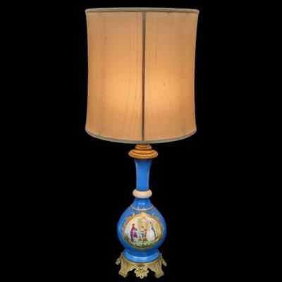 Antique Sevres Style Painted Milk Glass Table Lamp and Shade - Romantic Scene