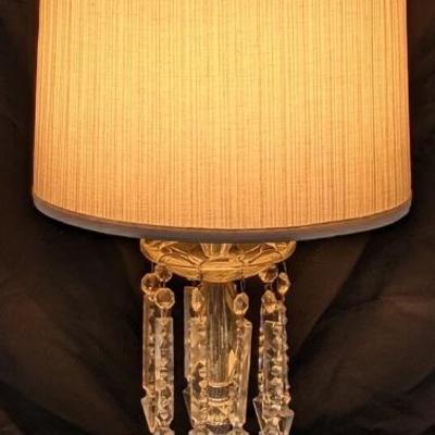 Vintage Cut Glass Table Lamp with Hanging Crystals, Shade