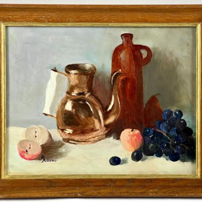 Framed Oil Still Life by Rachel Adams: Copper Kettle and Fruit