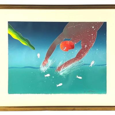 Bright Original Signed Framed Art of A Modernist Diver in Azure Water 