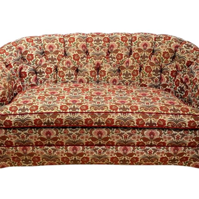Mid-Century Tufted Sofa- Scandinavian Tapestry w/ Floral Motif 