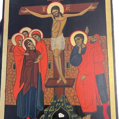 Lot 042-I: Crucifixion

Features: 
â€¢	Hand-painted/varnished religious icon on wood
â€¢	Created (â€œwrittenâ€) and signed/dated by our...