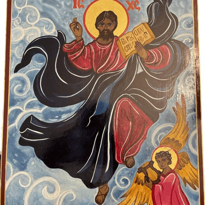 Lot 050-I: Dancing Jesus

Features: 
â€¢	Hand-painted/varnished religious icon on wood
â€¢	Created (â€œwrittenâ€) and signed/dated by...