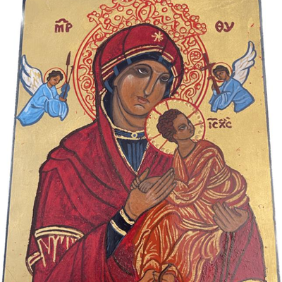 Lot 039-I: Mother of God

Features: 
â€¢	Hand-painted/varnished religious icon on wood
â€¢	Created (â€œwrittenâ€) and signed/dated by...