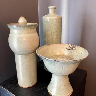 Lot 005-DR: Artisan Pottery Trio

Features: 
â€¢	Tall, lidded canister (signed Margaret Cardwell)
â€¢	Pedestal bowl (unsigned, but...