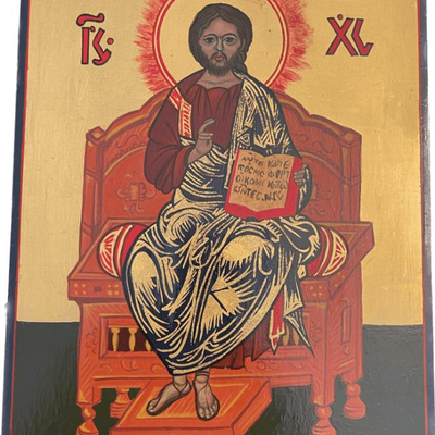 Lot 059-I: Christ Enthroned

Features: 
â€¢	Hand-painted/varnished religious icon on wood
â€¢	Created (â€œwrittenâ€) and signed/dated by...