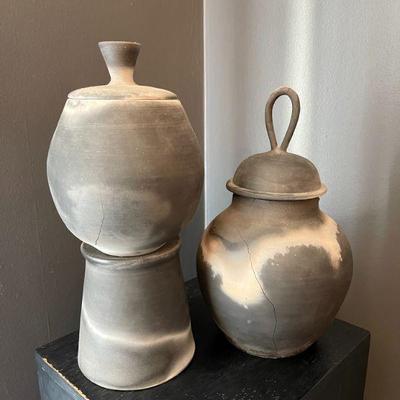 Lot 004-DR: Artisan Pottery Duo

Features: 
â€¢	Created and signed by artist Margaret Cardwell
â€¢	Matte finish. Significant cracks...