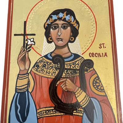 Lot 063-I: Saint Cecelia

Features: 
â€¢	Hand-painted/varnished religious icon on wood
â€¢	Created (â€œwrittenâ€) and signed/dated by...