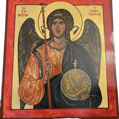 Lot 047-I: Archangel Michael

Features: 
â€¢	Hand-painted/varnished religious icon on wood
â€¢	Created (â€œwrittenâ€) and signed/dated...