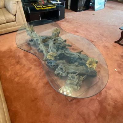 Midcentury driftwood and glass table. 