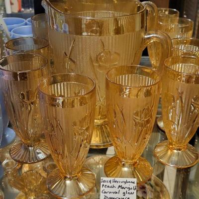 Iris & Herringbone Peach Marigold Set - Carnival Glass