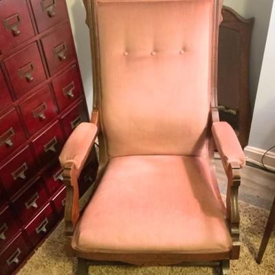 Antique Walnut Carved Lincoln Rocking Chair with Foot Stool - pink velvet seat