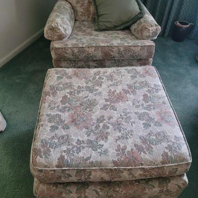 Very nice fabric covered chair and ottoman, no stains or tears in the fabric