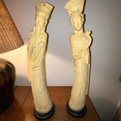 Intricately Carved Signed Asian Statues, 23â€ tall 12 lbs each.