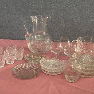 lead crystal pitcher, brandy snifters, 6 shot glasses, 8 assorted coasters, open sugar, frog, and bud vase