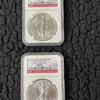 (2) 2011-Silver Eagle Dollars MS 70